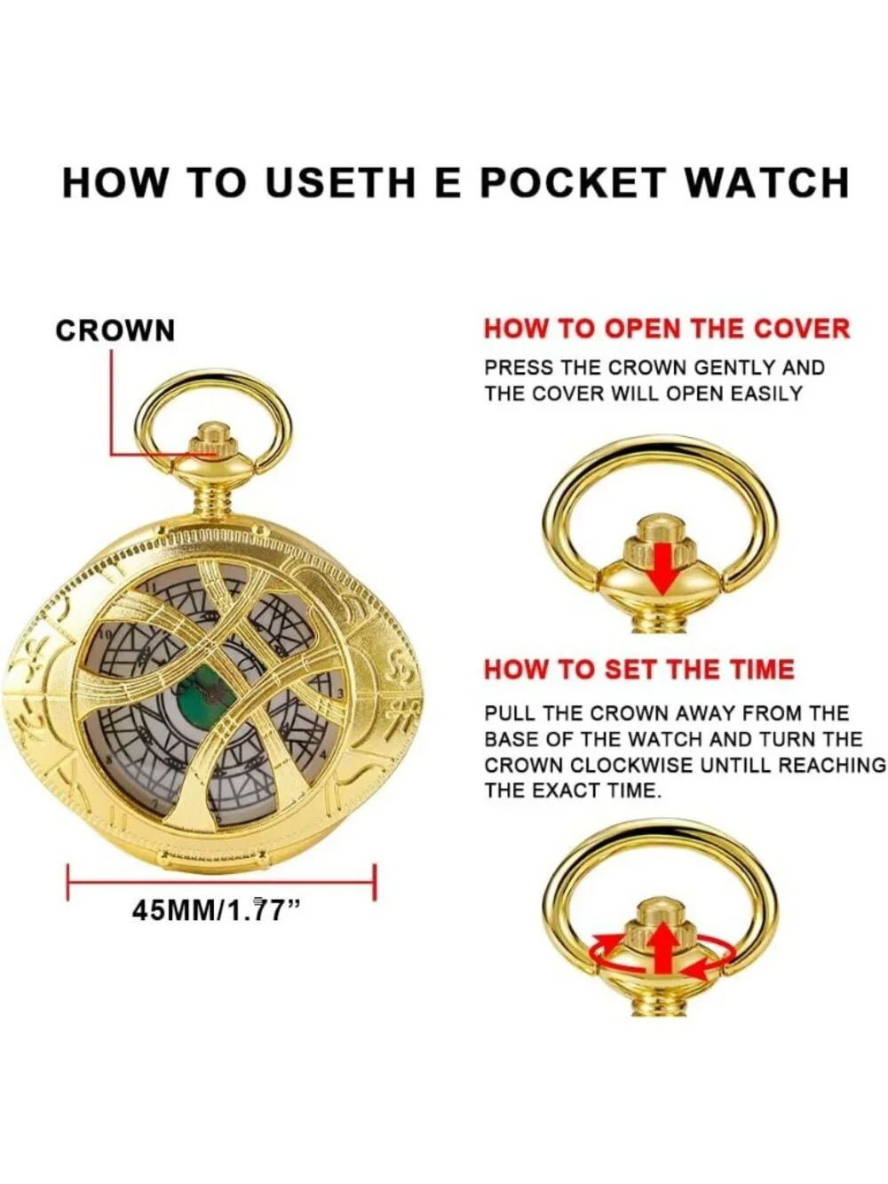 Men's Gold Analog Quartz Green Eyes Shape Pendant Necklace Round Pocket Watch